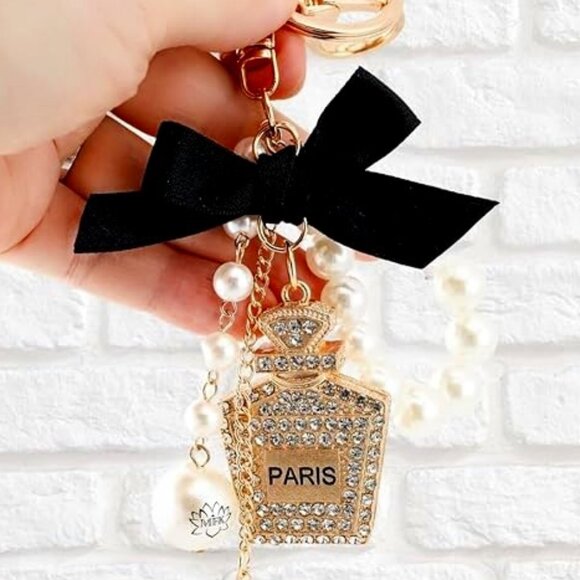 Paris Perfume Bottle Pearl Crystal Keychain Bag Charm - Picture 2 of 5